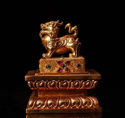 Signed Old Chinese Copper Gilding Seal Stamp w/kylin N4254