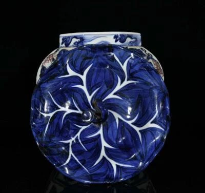 27CM Old Chinese Blue&White Underglaze Red Lid Pot W/grape N3216
