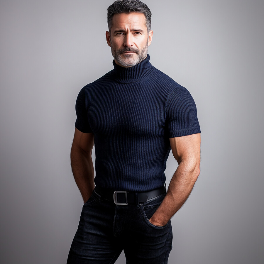 Men's Turtleneck Short Sleeve Knitted Striped T-shirt