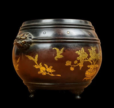 Xuande Signed Old Chinese Red Copper Handmade Incense Burner w/flower N3849