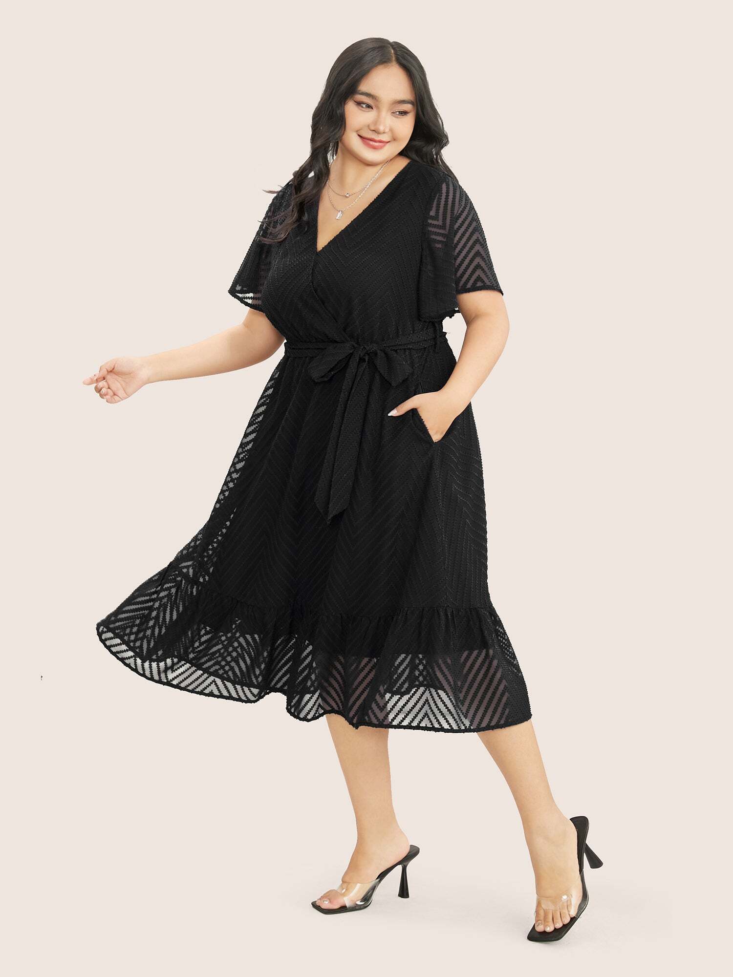 Plain Geometric Pocket Mesh Ruffle Sleeve Belted Wrap Dress