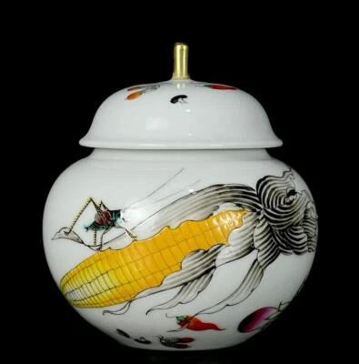 Qianlong Signed Pair Old Chinese Famille Rose Lid Pot W/corn CK642