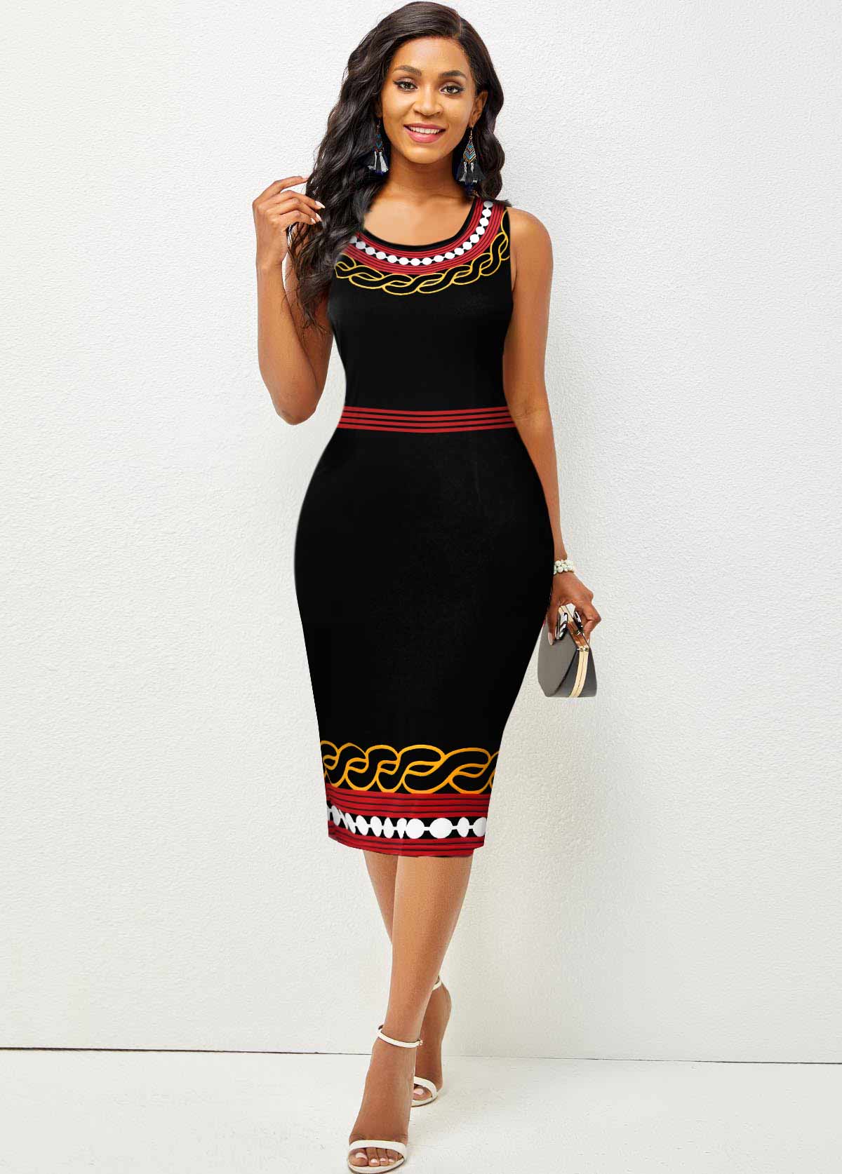 Contrast Printed Sleeveless Round Neck Bodycon Dress
