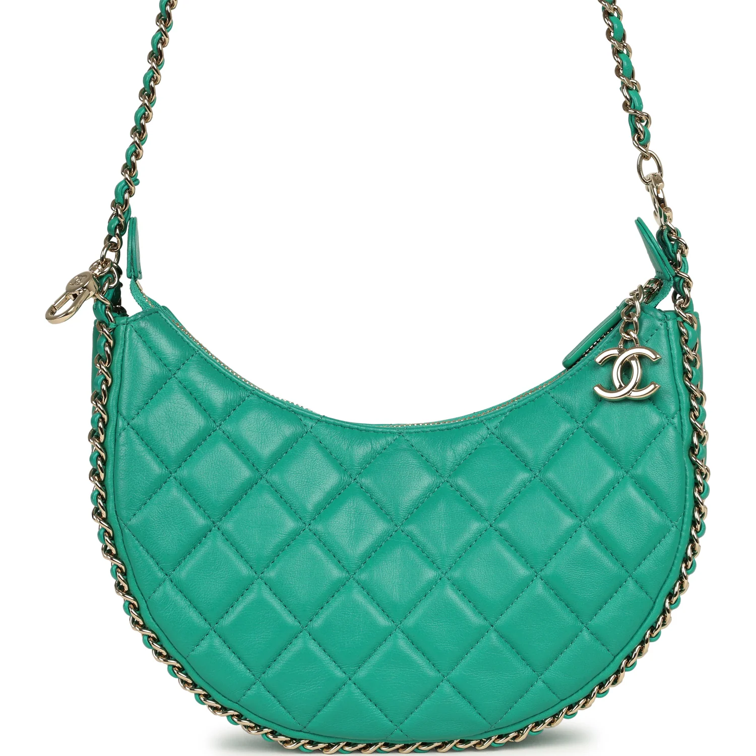 CHANEL Small Chain Around Hobo Bag Teal Lambskin Light Gold Hardware