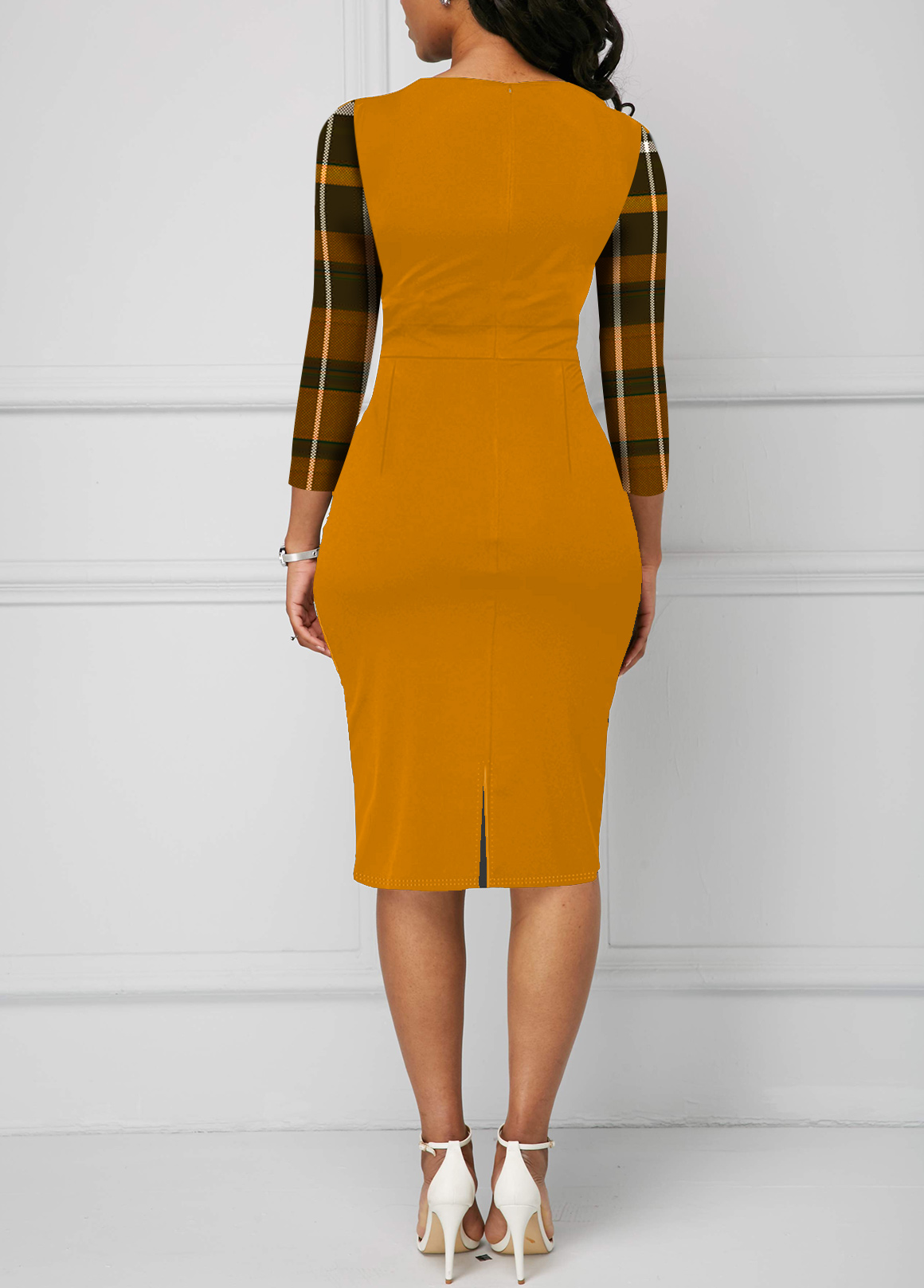 Ginger Plaid Button Round Neck Bodycon Dress