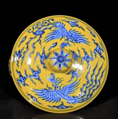 Xuande Singed Old Chinese Yellow Glaze Blue&White Lid Pot W/dragon N3592