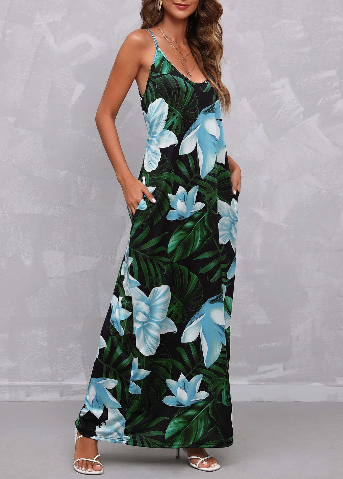 Double Side Pockets Floral Print Blue Dress