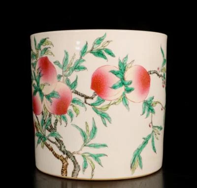 Yongzheng Signed Old Chinese Famille Rose Brush Pot W/peach N1531