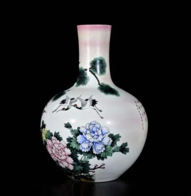 54CM Qianlong Signed Old Chinese Colour Enamel Vase W/crane N3386