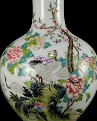Qianlong Signed Old Chinese Colour Enamel Vase W/crane N1155