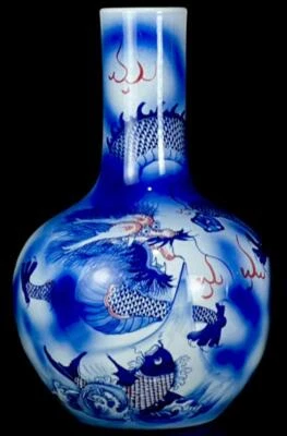 36CM Kangxi Signed Old Chinese Blue & White Porcelain Vase w/ dragon CK439