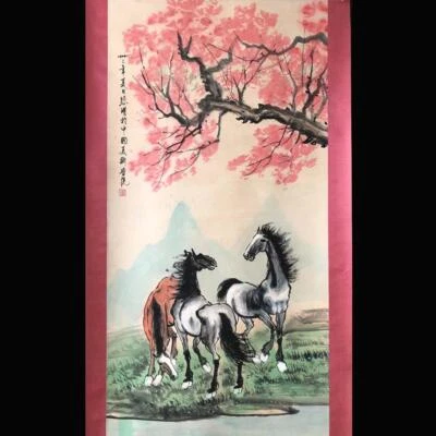 Xu Beihong Signed Chinese Hand Painted Calligraphy Scroll w/horse N1906