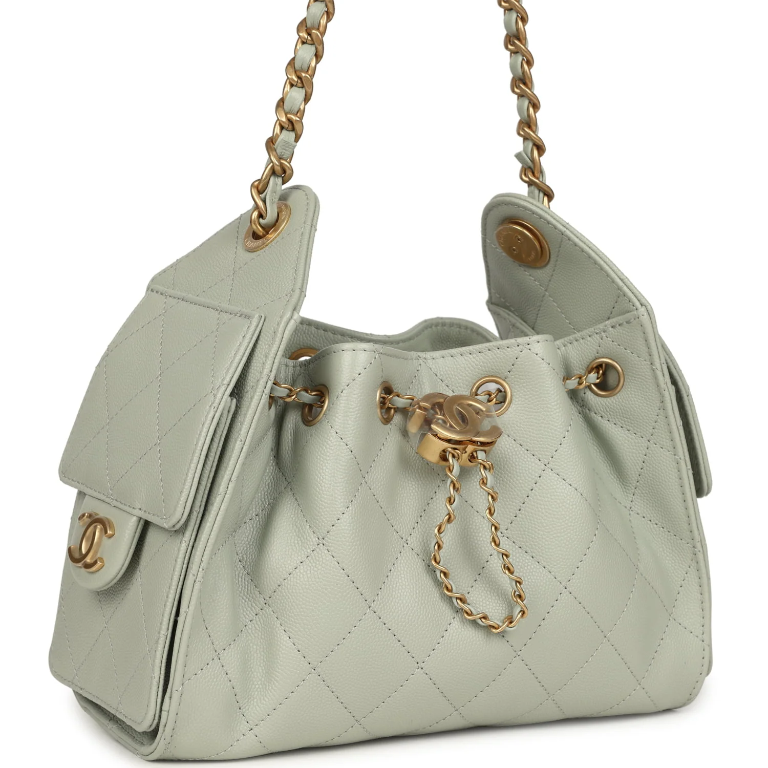 CHANEL Mini 25 Hobo Bag Light Green Caviar Antique Gold Hardware