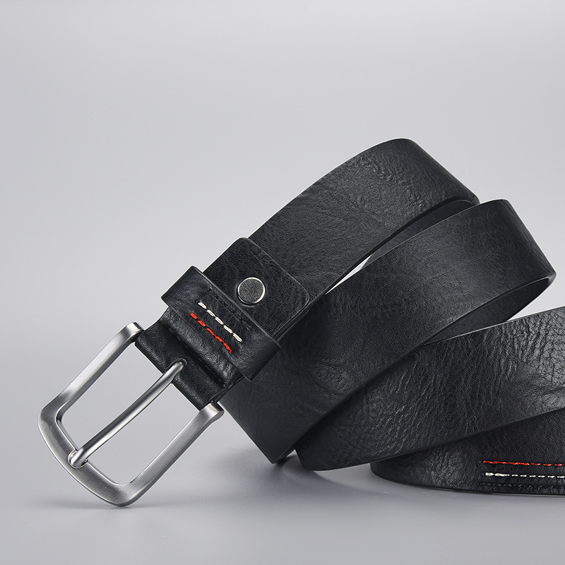 Men's Retro Silver Buckle Contrast Stitching Textured PU Leather Belt