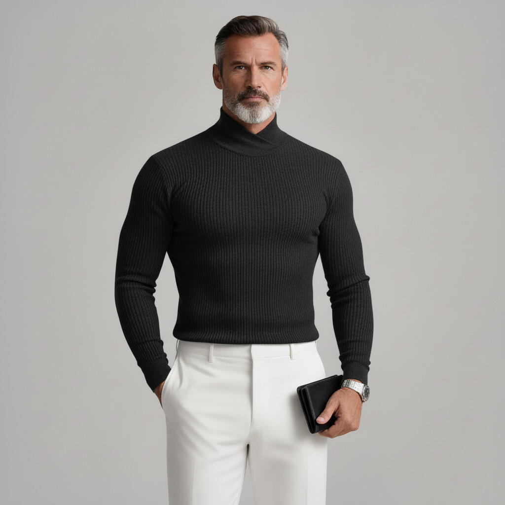 Men's Gray Cross High Collar Long Sleeve Ribbed Knit Sweaters