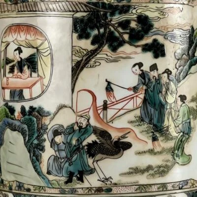 Kangxi Signed Old Chinese Wucai Brush Pot W/figure N1195