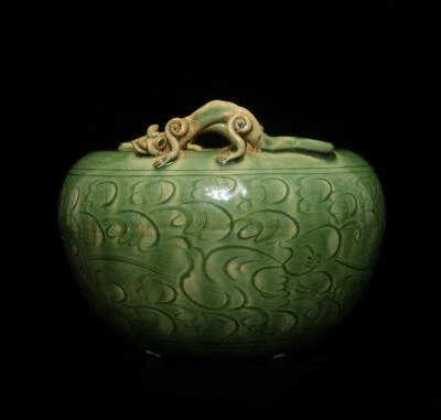 Old Chinese Jun Kiln Green Glaze Brush Washer W/dragon