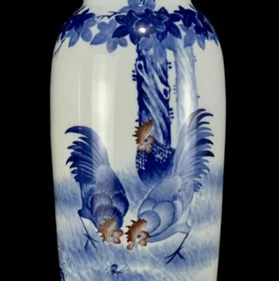 44CM Wang Bu Signed Old Chinese Blue and White Vase W/cock N1033