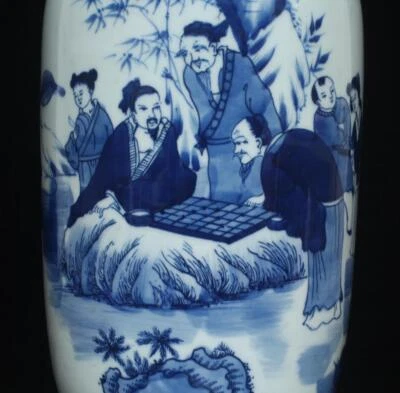 40CM Kangxi Singed Old Chinese Blue and White Vase W/figure