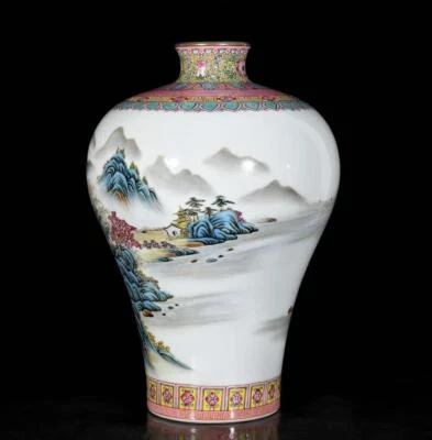 40CM Qianlong Signed Old Chinese Colour Enamel Vase W/landscape N3544