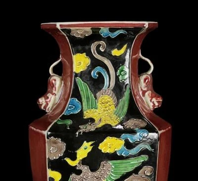 37CM Neifu Signed Old Chinese Red Glaze Three Color Vase W/phoenix N684