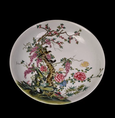 Old Yongzheng Signed Chinese Famille Rose Dish W/bird N4264
