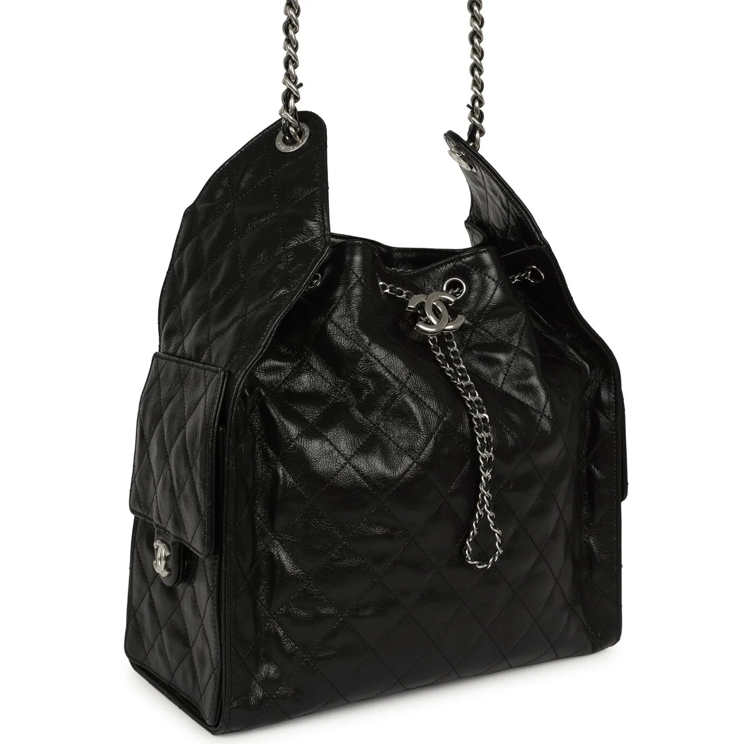 CHANEL Medium 25 Hobo Bag Black Shiny Crumpled Calfskin Mixed Silver Hardware