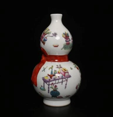 26CM Qianlong Signed Antique Chinese Famille Rose Gourd Vase W/flower