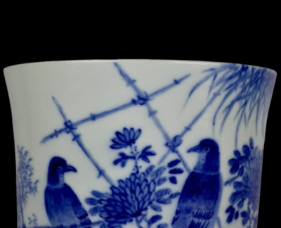 Wang Bu Signed Old Chinese Blue and White Brush Pot w/bird N3918