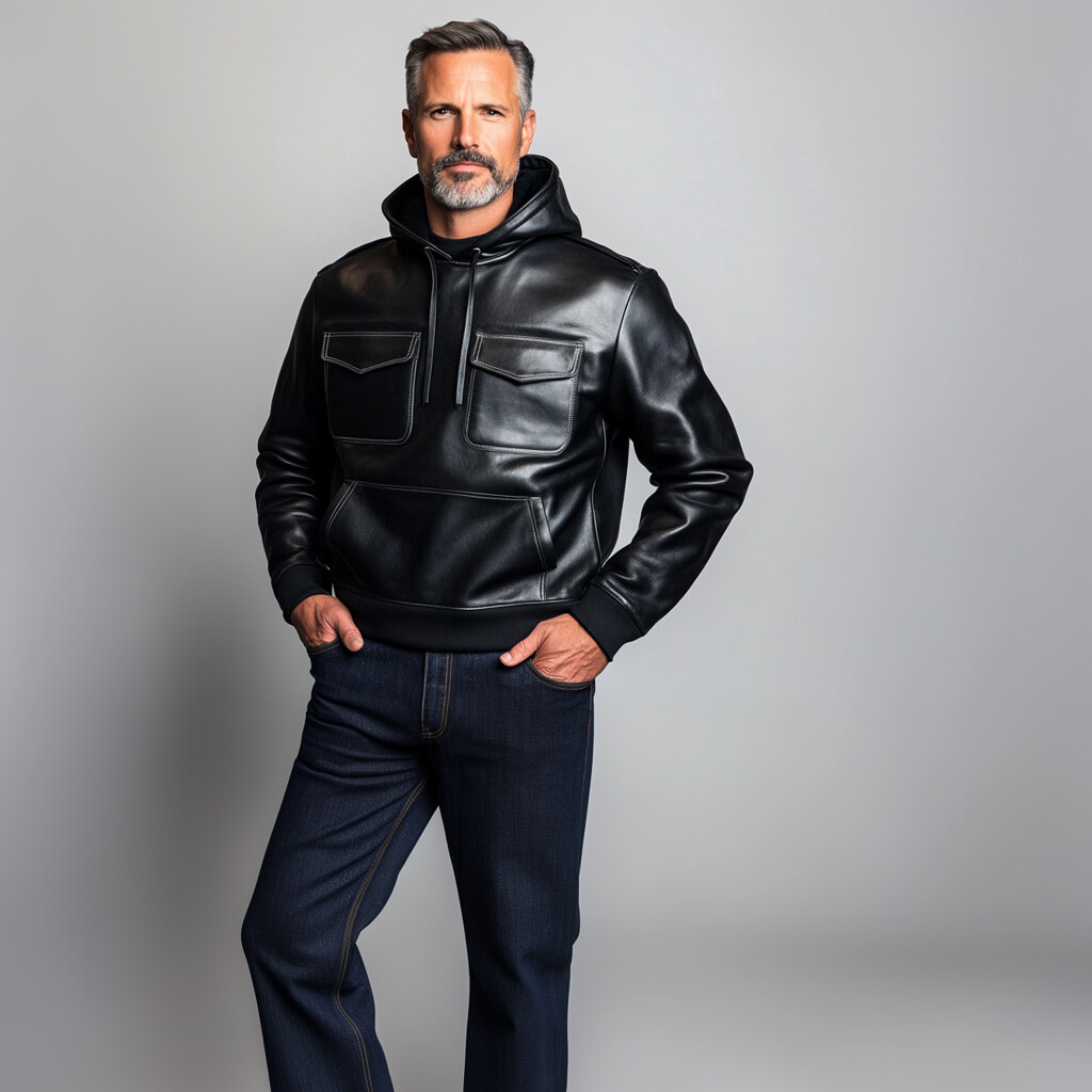 Men's Solid Long Sleeve Flap Pocket Drawstring PU Leather Hoodie