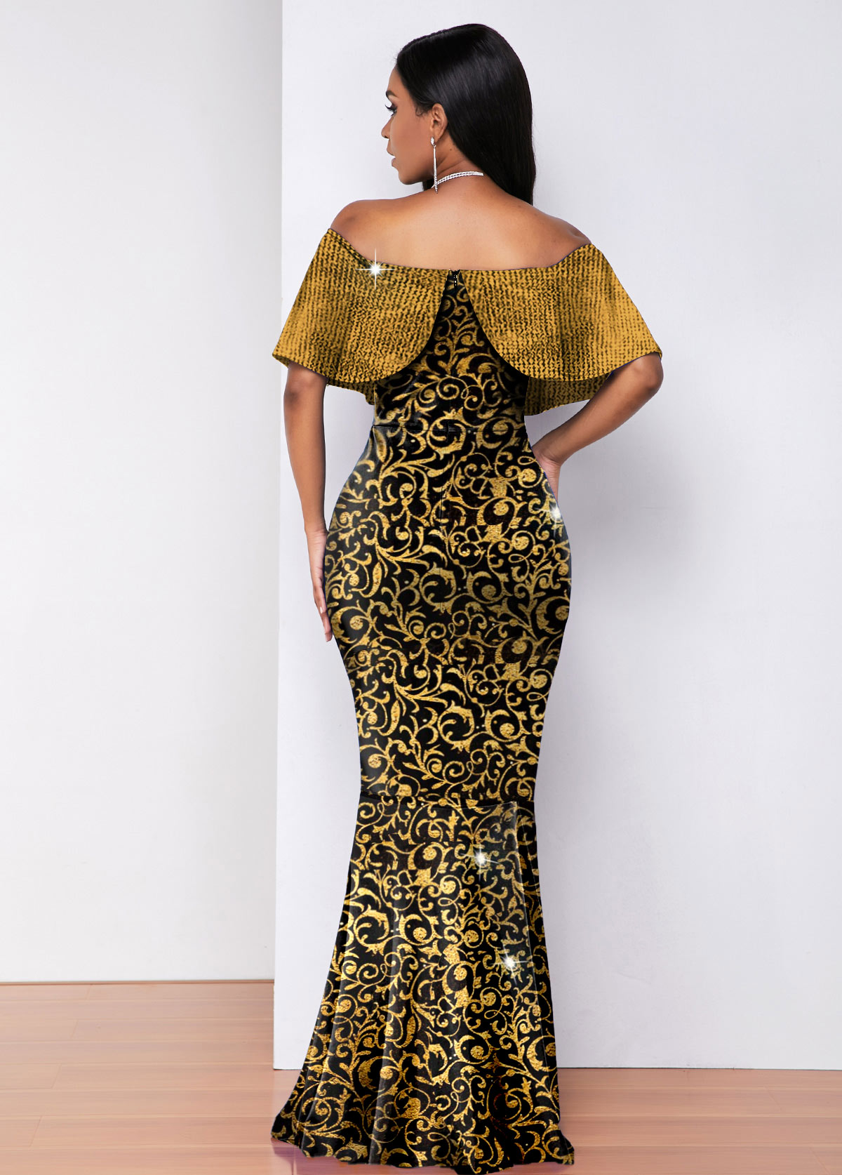 Hot Stamping Golden Off Shoulder Maxi Dress