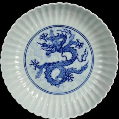 Xuande Signed Old Chinese Blue & White Porcelain Plate Dish w/dragon CK107