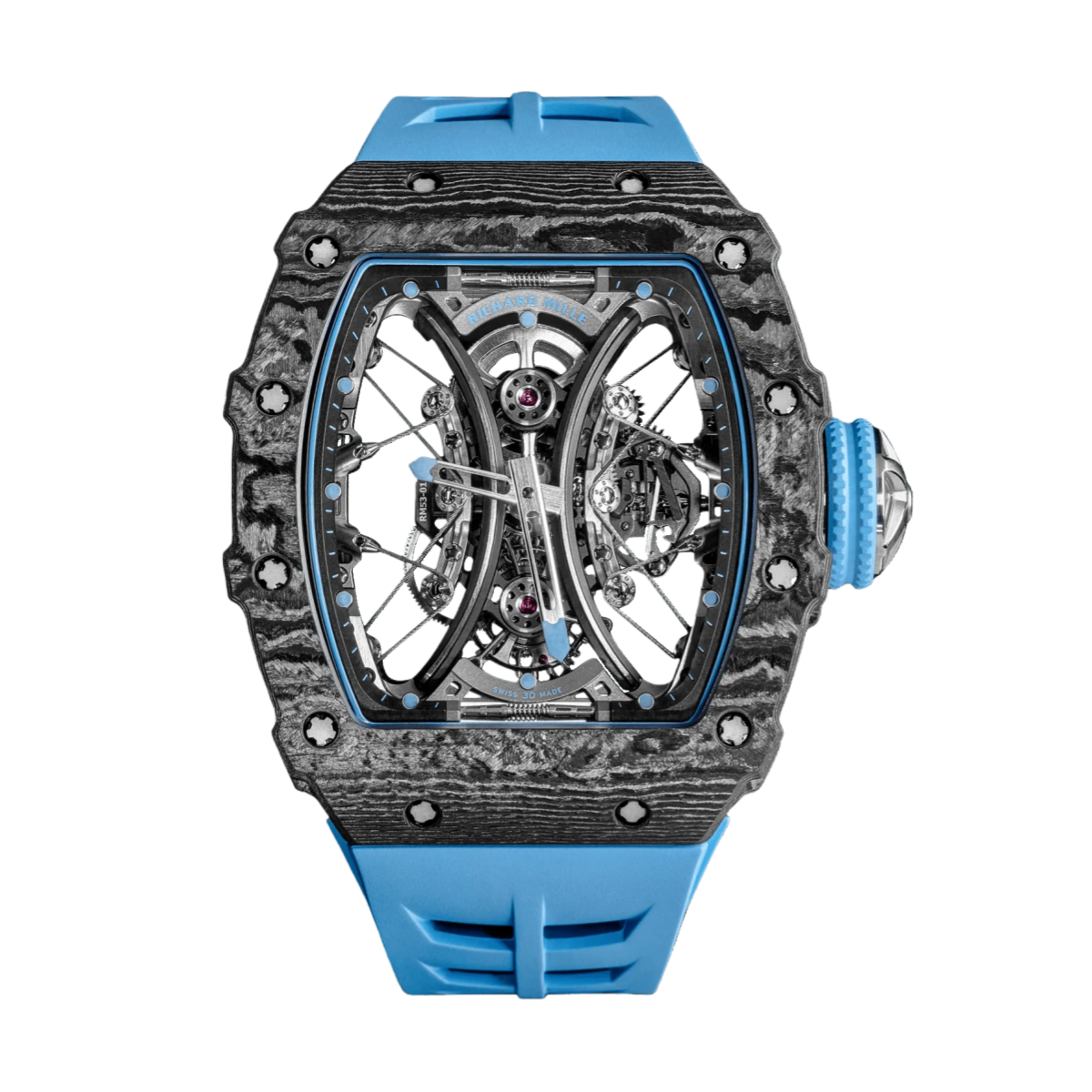 【7A Quality】Super Clone Richard Mille RM53-01 Tourbillon Replica Men's Watch Carbon Fiber Case Blue  Rubber Strap