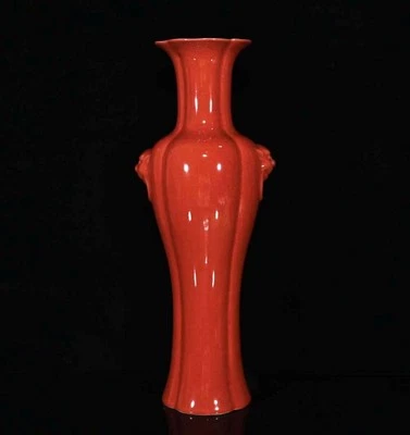 Signed 40CM Old Chinese Guan Kiln Vase w/lion N4317