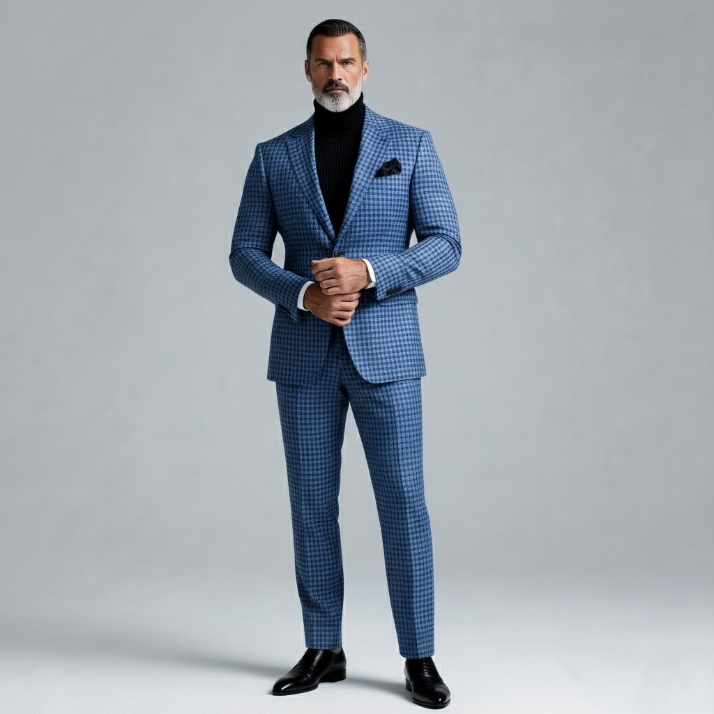 Men's Blue Plaid Notch Lapel Single Breasted Long Sleeve Blazer & Suit Pants 2Pcs Set