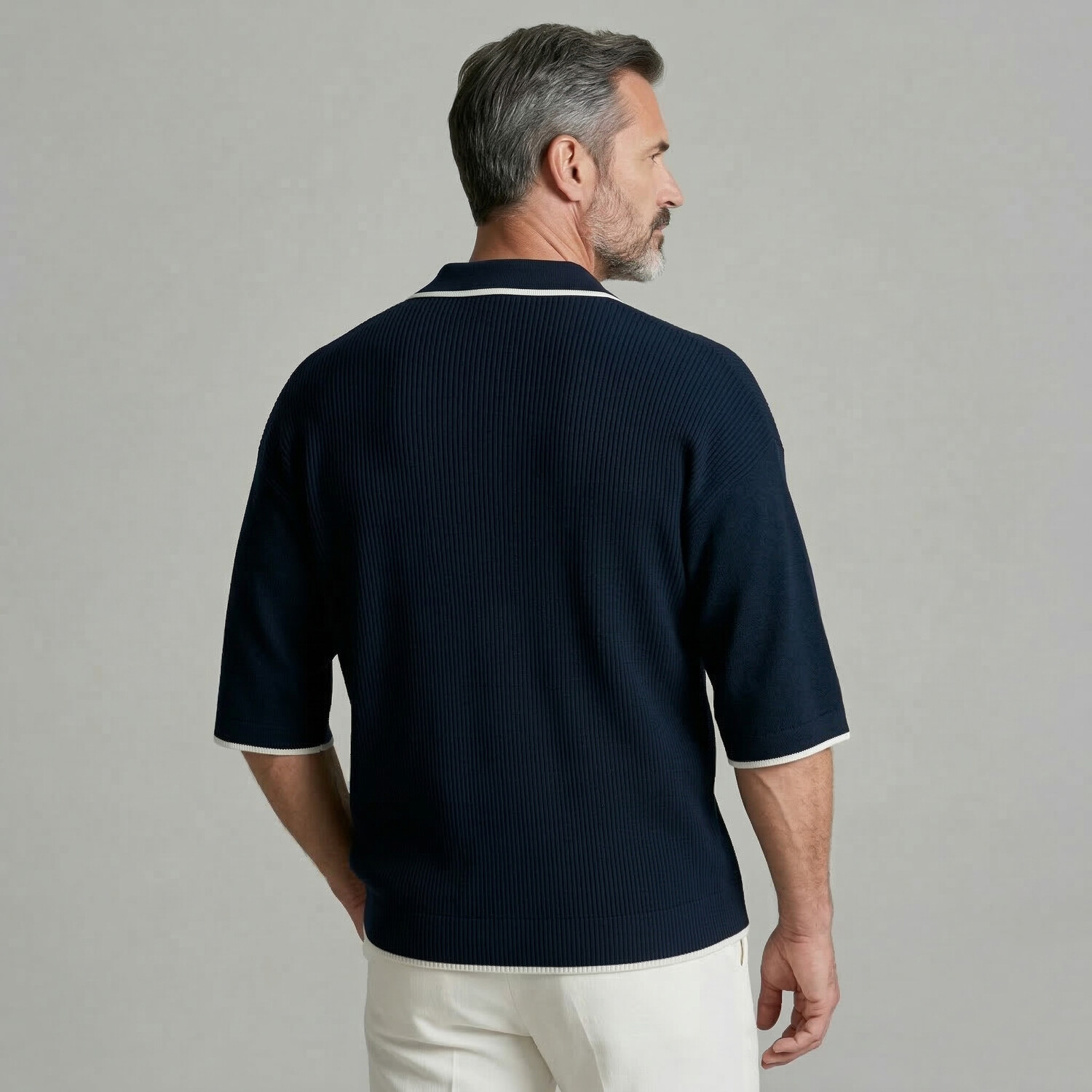 Men's Navy Blue Contrast Binding Slanted Button Up Ribbed Half Sleeve Shirt