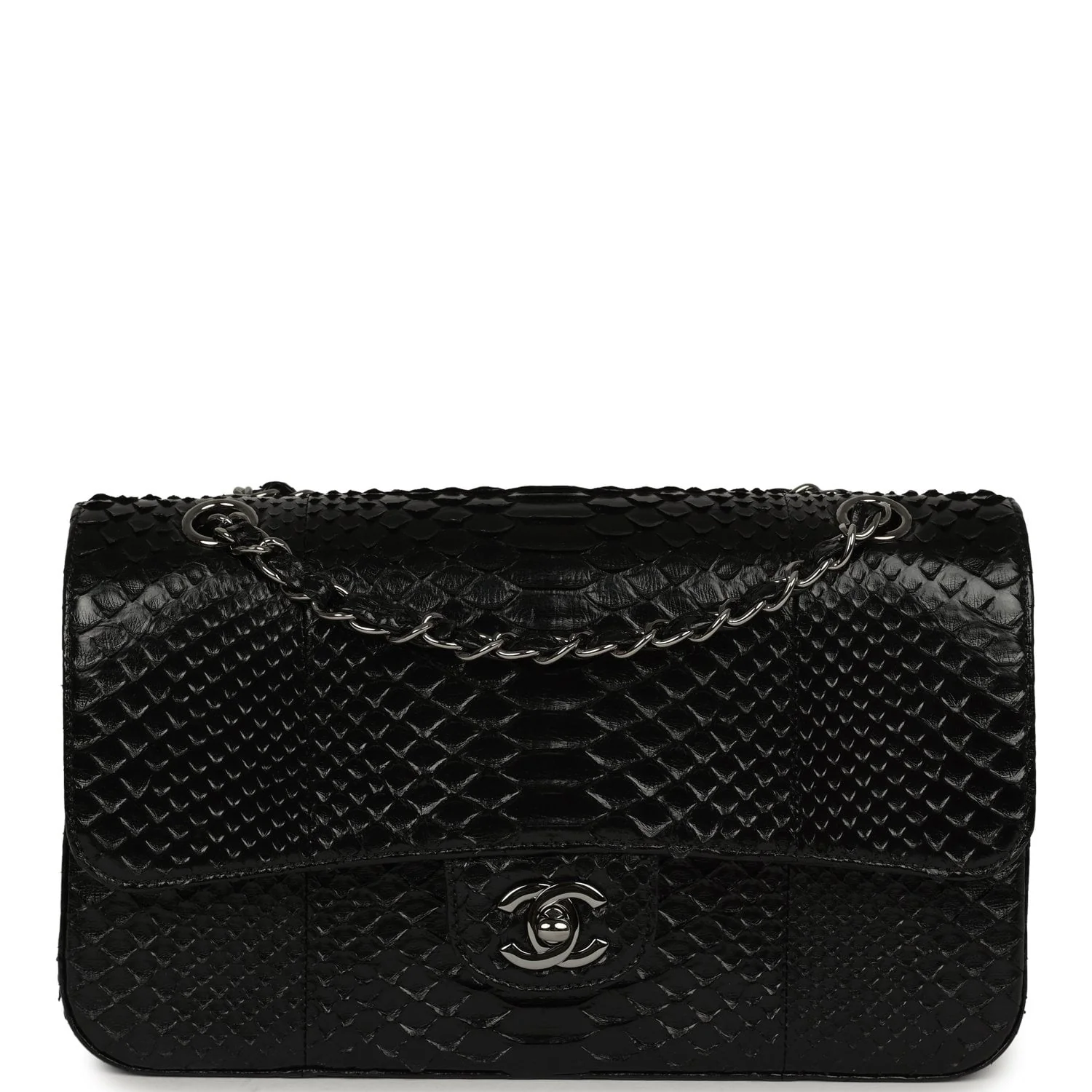 CHANEL Medium Classic Double Flap Bag Black Python Silver Hardware