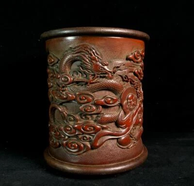 Old Chinese Bamboo Brush Pot w/Buddha and Dragon N256