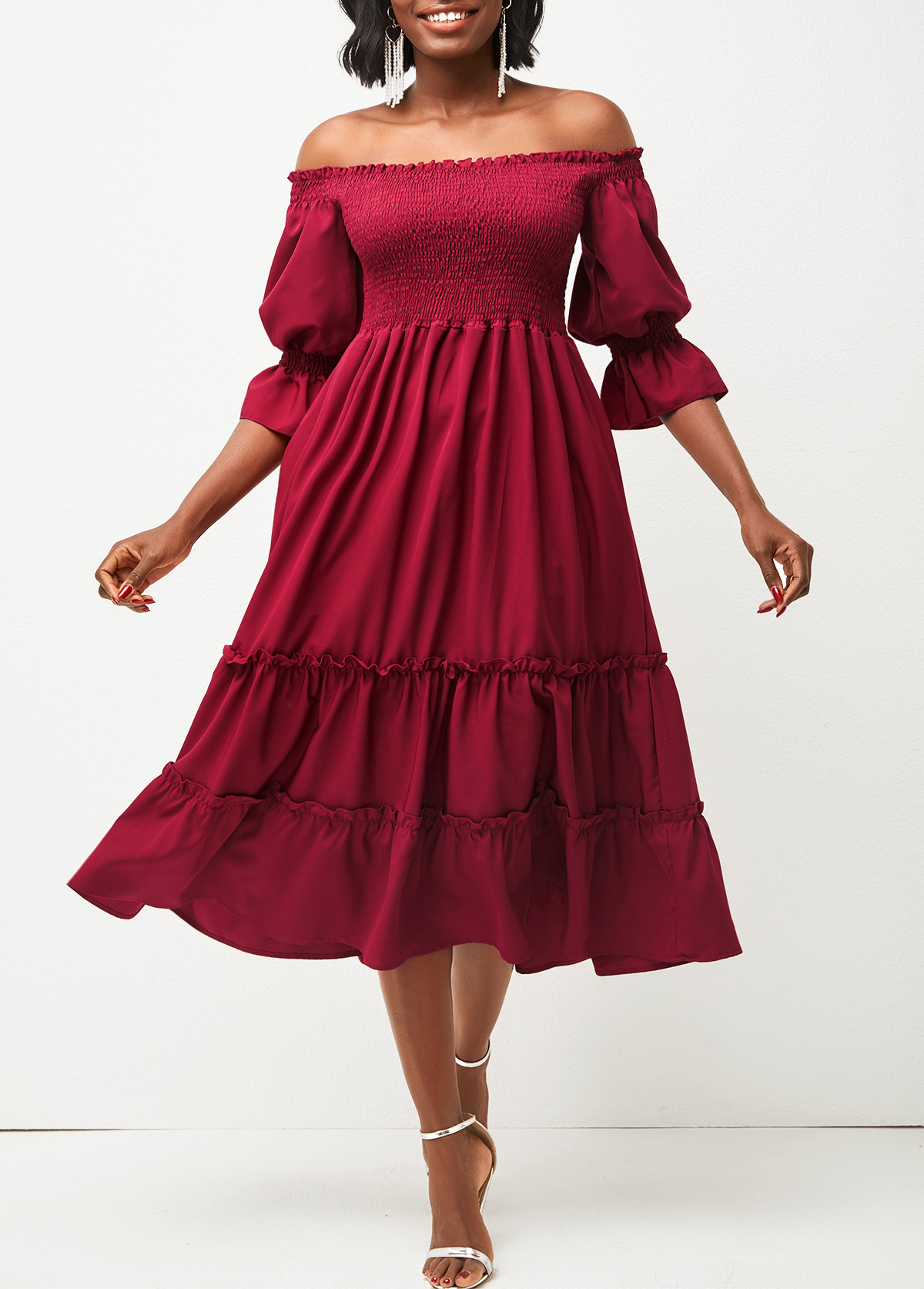 Wine Red Smocked Off Shoulder Valentines Dress