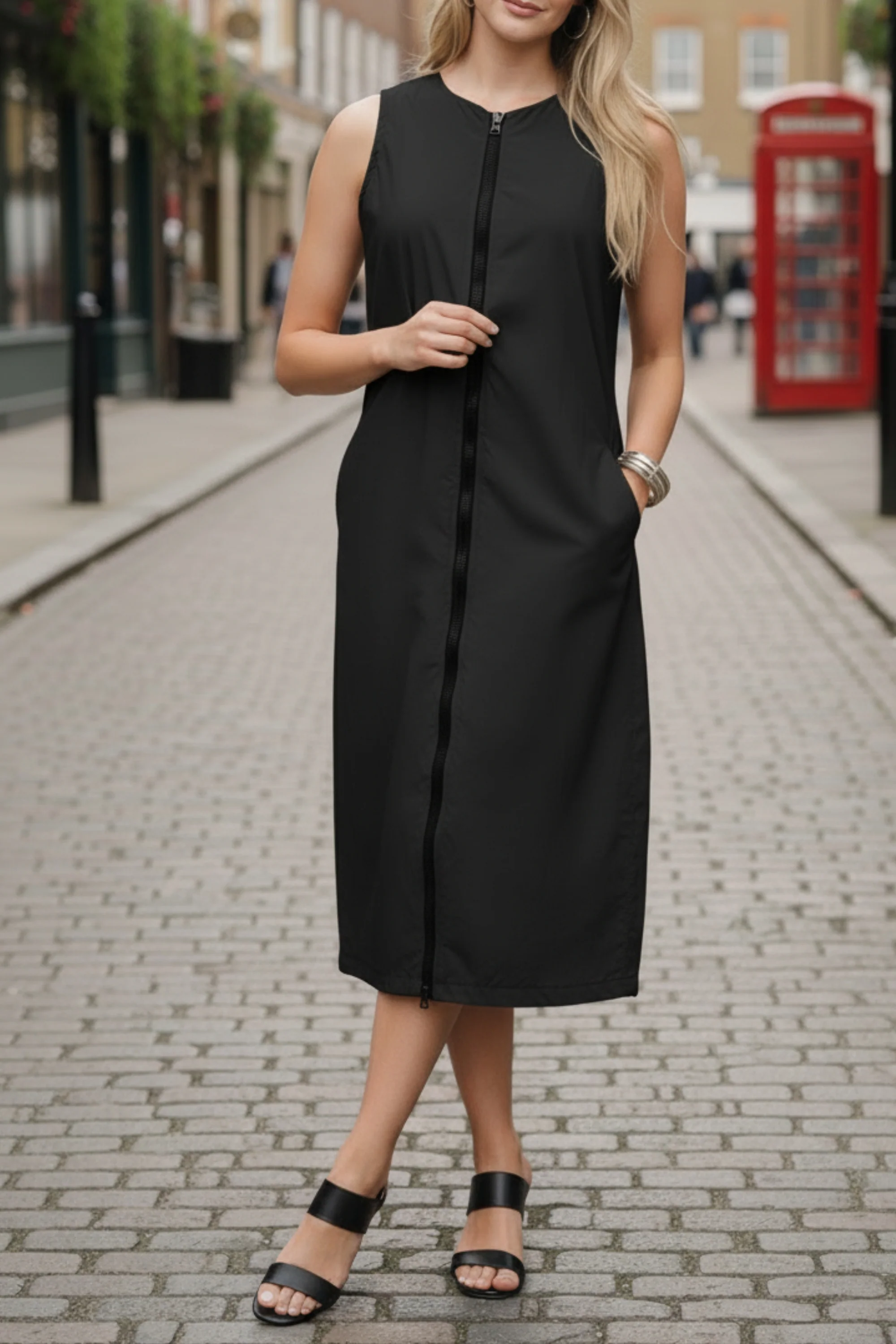 Black Double Slider Zipper Vest Dress