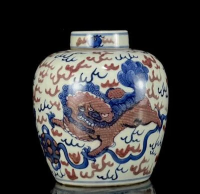 Pair Old Chinese Underglaze Red Blue&White Lid Pot W/lion N1164