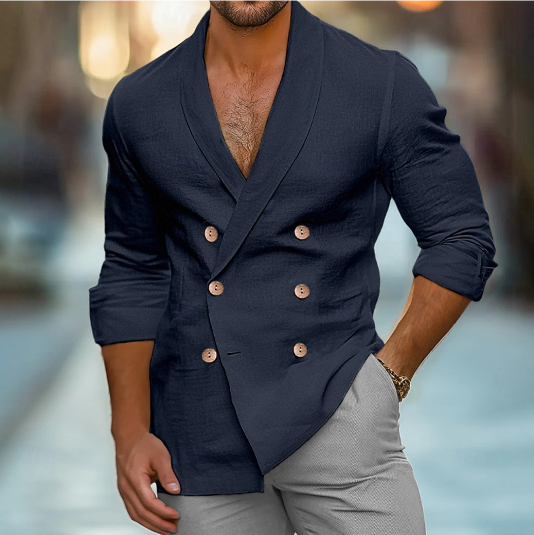 Men's Shawl Lapel Double Breasted Long Sleeve Shirt