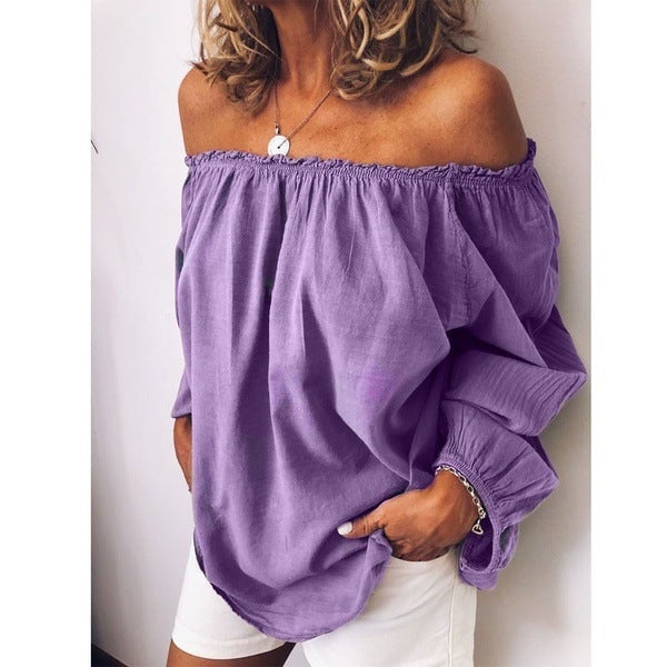 Elastic pleated cotton and linen long-sleeved Off shoulder shirt