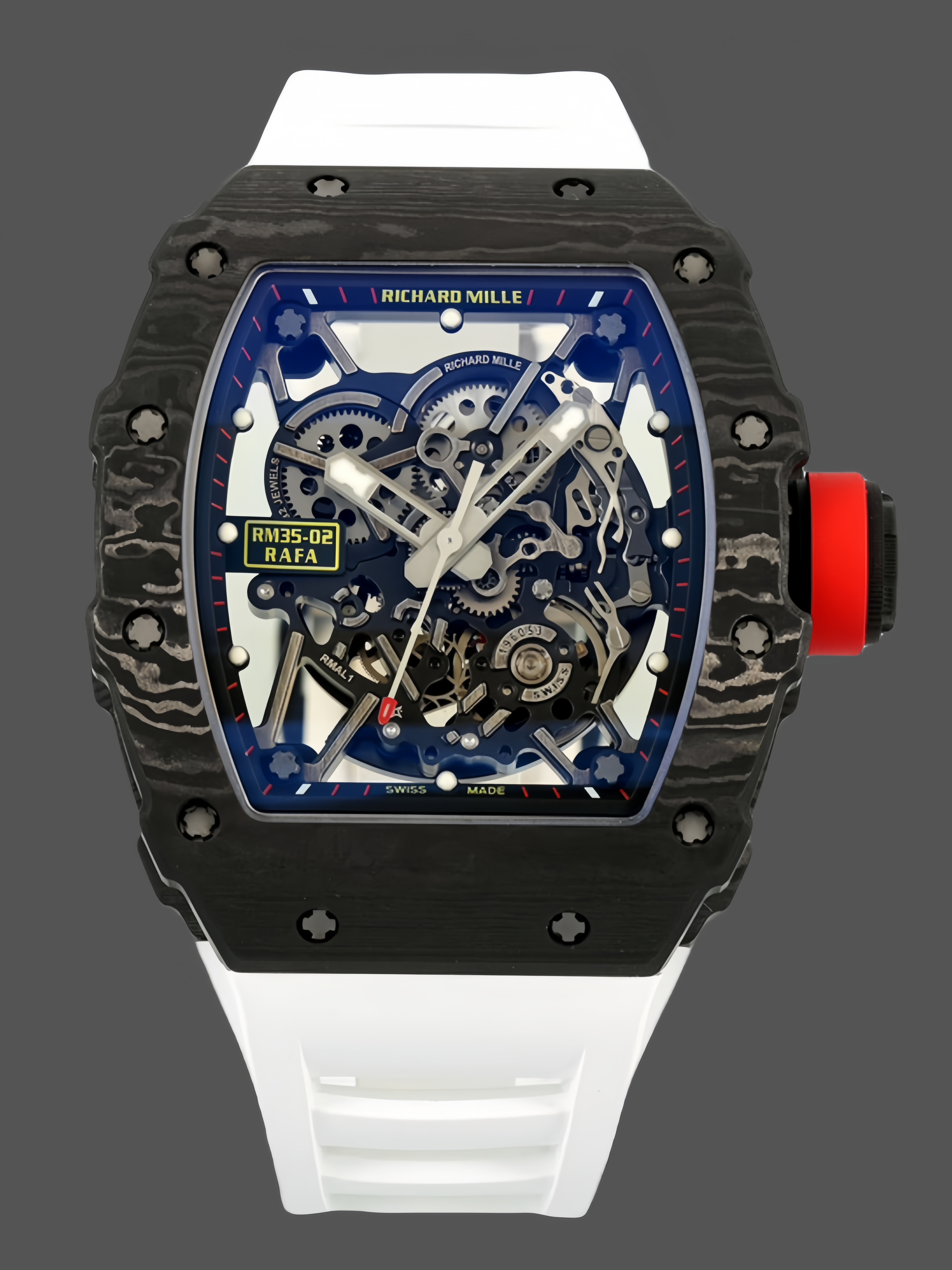 【7A Quality】Richard Mille RM 035-02 Rafael Nadal NTPT Carbon on White Rubber Strap