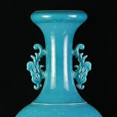 42CM Yongzheng Signed Chinese Sapphire Blue Glaze Porcelain Vase w/ dragon CK538