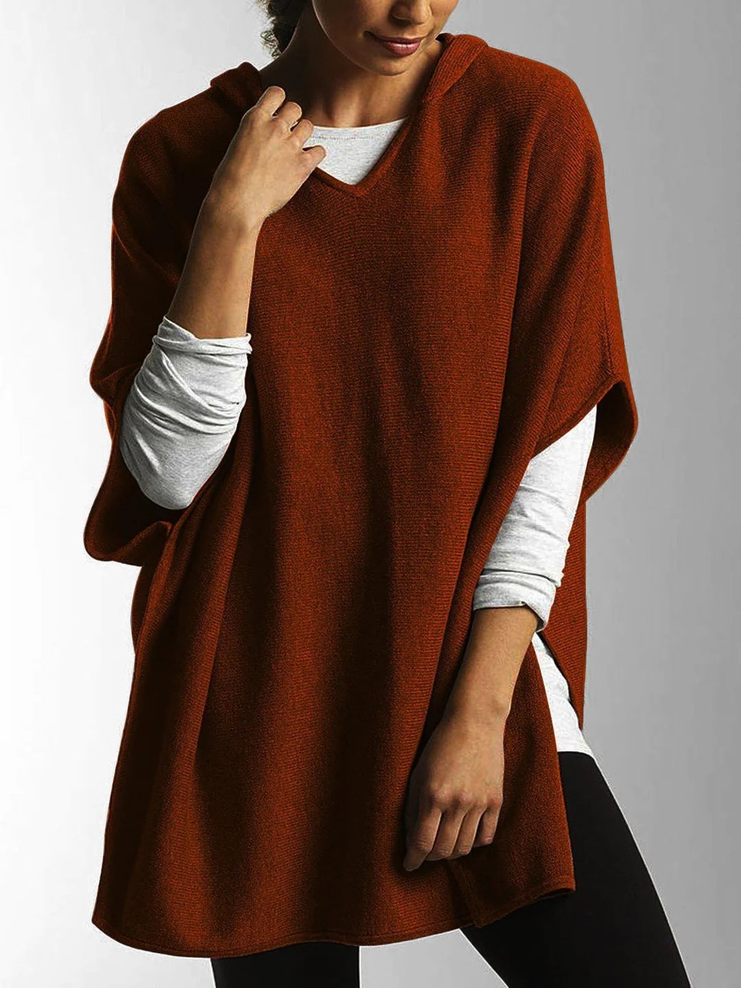V Tie Hood Half Sleeve Side Slit Cropped Sweater