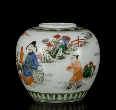 Kangxi Signed Old Chinese Wucai Jar Pot W/figure N1037