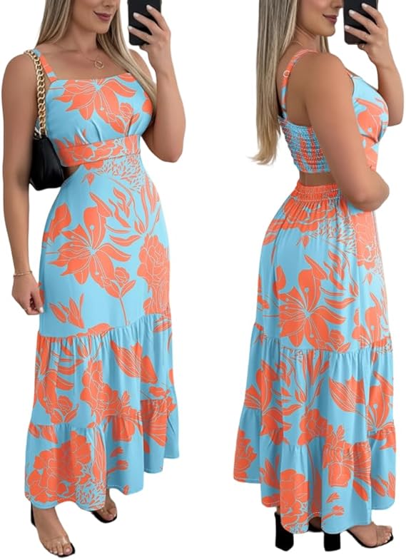 Summer Dresses for Women 2026 Sleeveless Casual Boho Maxi Dress Square Neck Cut Out Floral A Line Dress
