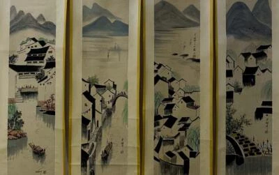 Four Wu Guanzhong Chinese Hand Painted Calligraphy Scroll w/landscape N1991