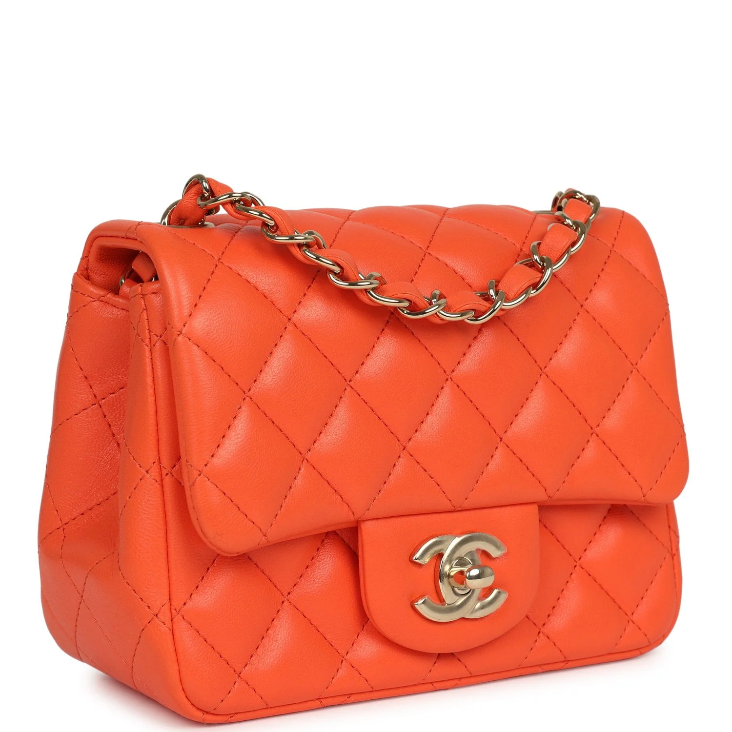 CHANEL Mini Classic Square Flap Bag Orange Lambskin Gold Hardware